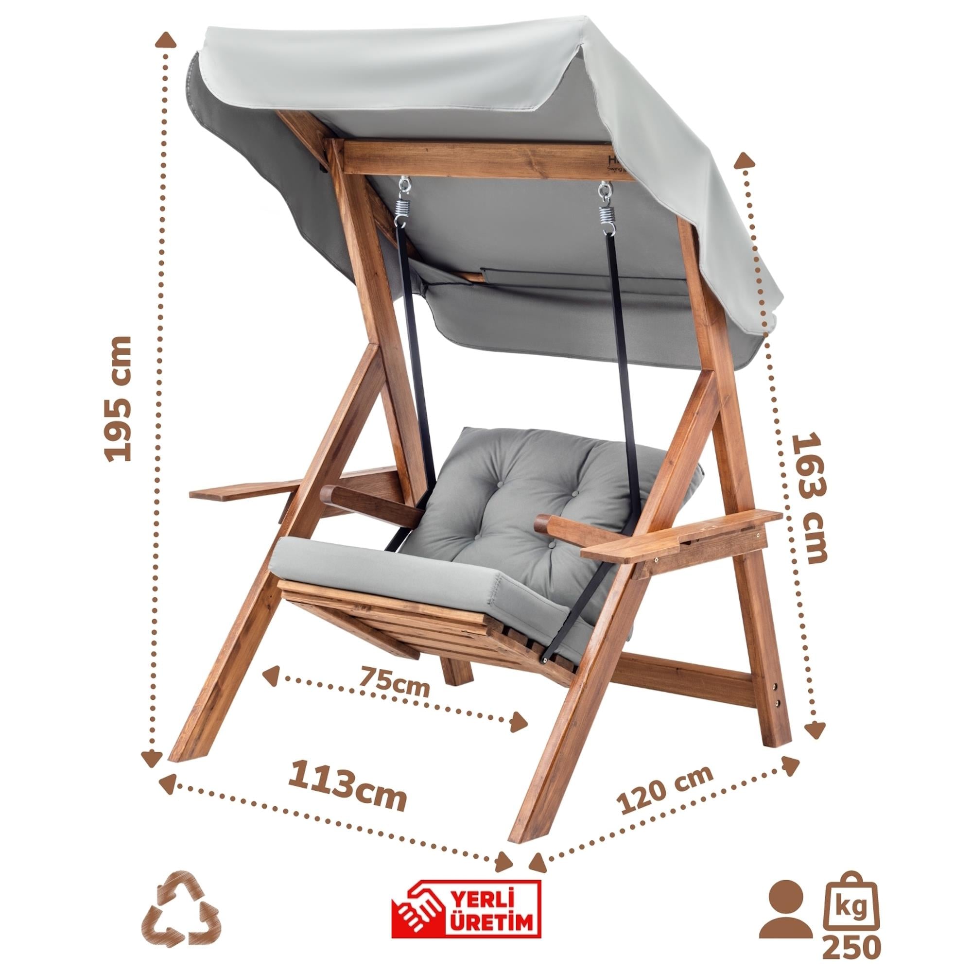 Aşiyan Tek Kişilik Ahşap Salıncak Dış Mekan Bahçe Balkon Ve Teras Salıncağı