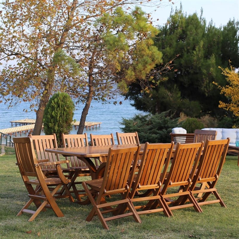 Avşa XL Ahşap Bahçe Seti: 10 Katlanır Sandalye, 100x200 +50 Masa