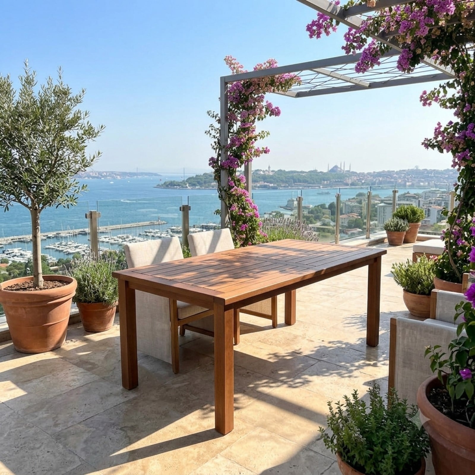 Bodrum Ahşap Masa - Dikdörtgen Ebatlar, Açık Ceviz Renk, Sabit Ayaklı Model Bahçe Balkon Masası