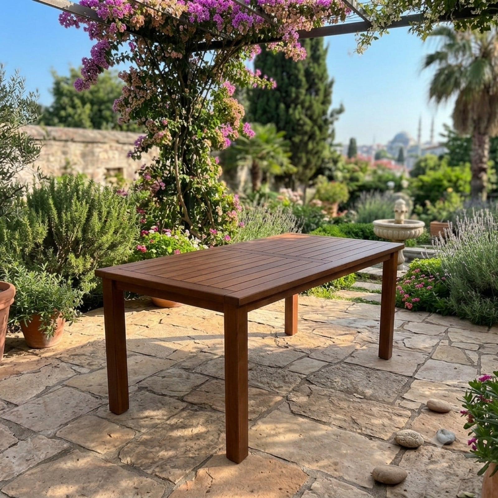 Bodrum Ahşap Masa - Dikdörtgen Ebatlar, Açık Ceviz Renk, Sabit Ayaklı Model Bahçe Balkon Masası
