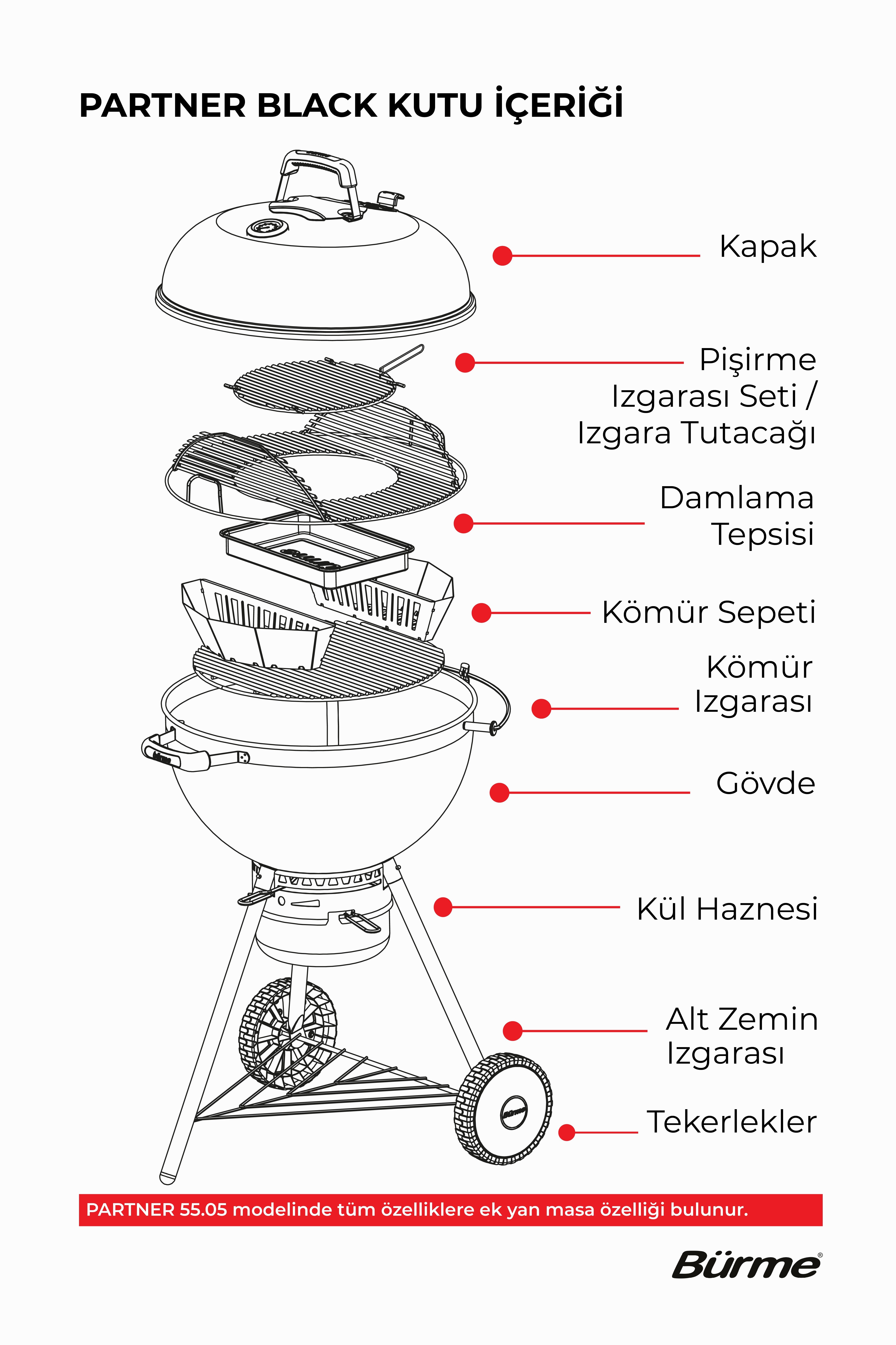Bürme Partner 55.00 Black Masalı Profesyonel Kömürlü Barbekü - Yuvarlak Tasarım
