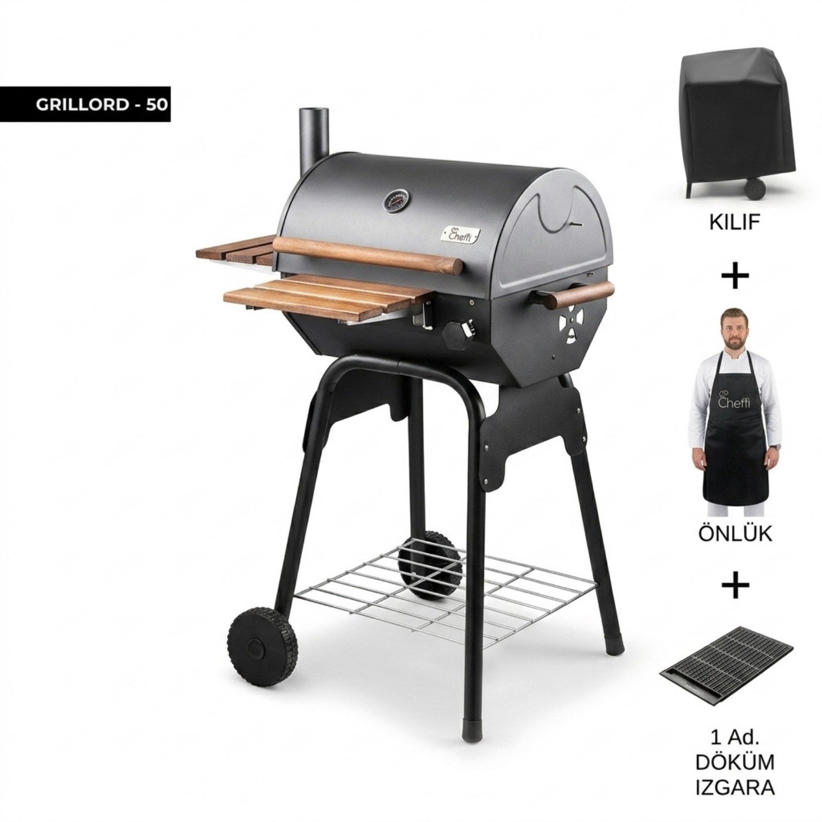 Cheffi Grillord-50 Kömürlü Barbekü Mangal (DÖKÜM IZGARA, ÖNLÜK VE KILIF HEDİYELİ)