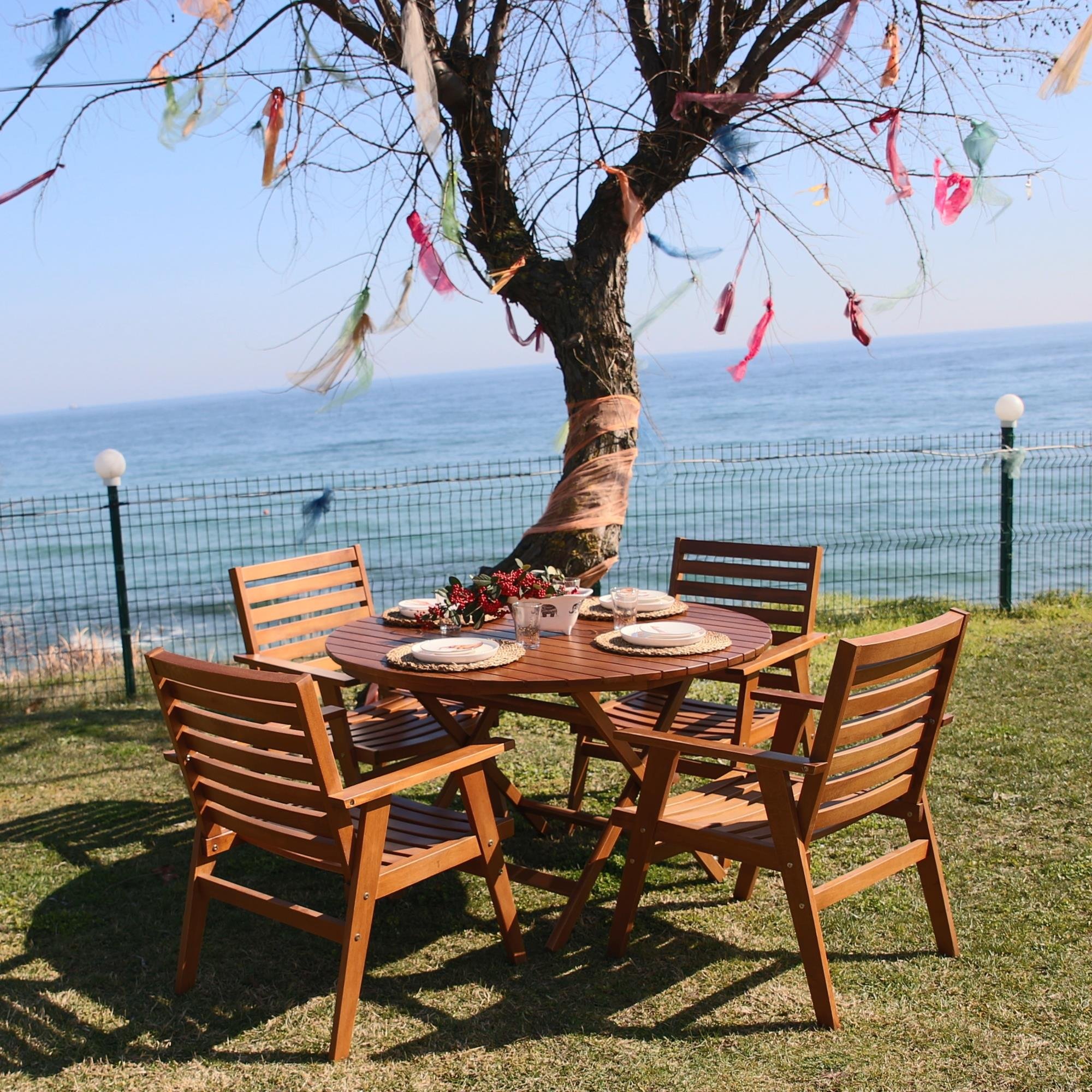 Datça Katlanır Ahşap Bahçe Balkon Masaları -Yuvarlak Ebatlar