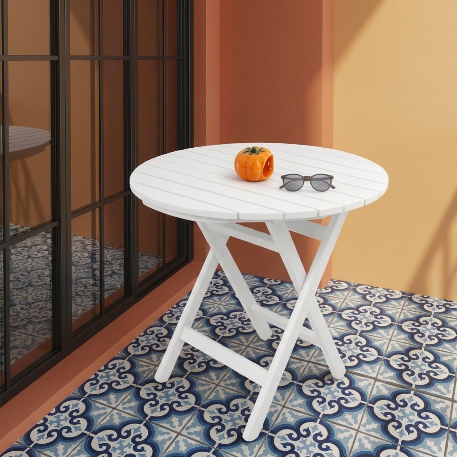 Datça Yuvarlak Ahşap Masa - Beyaz Renk, Katlanır Yapı - Balkon & Bahçe Masası