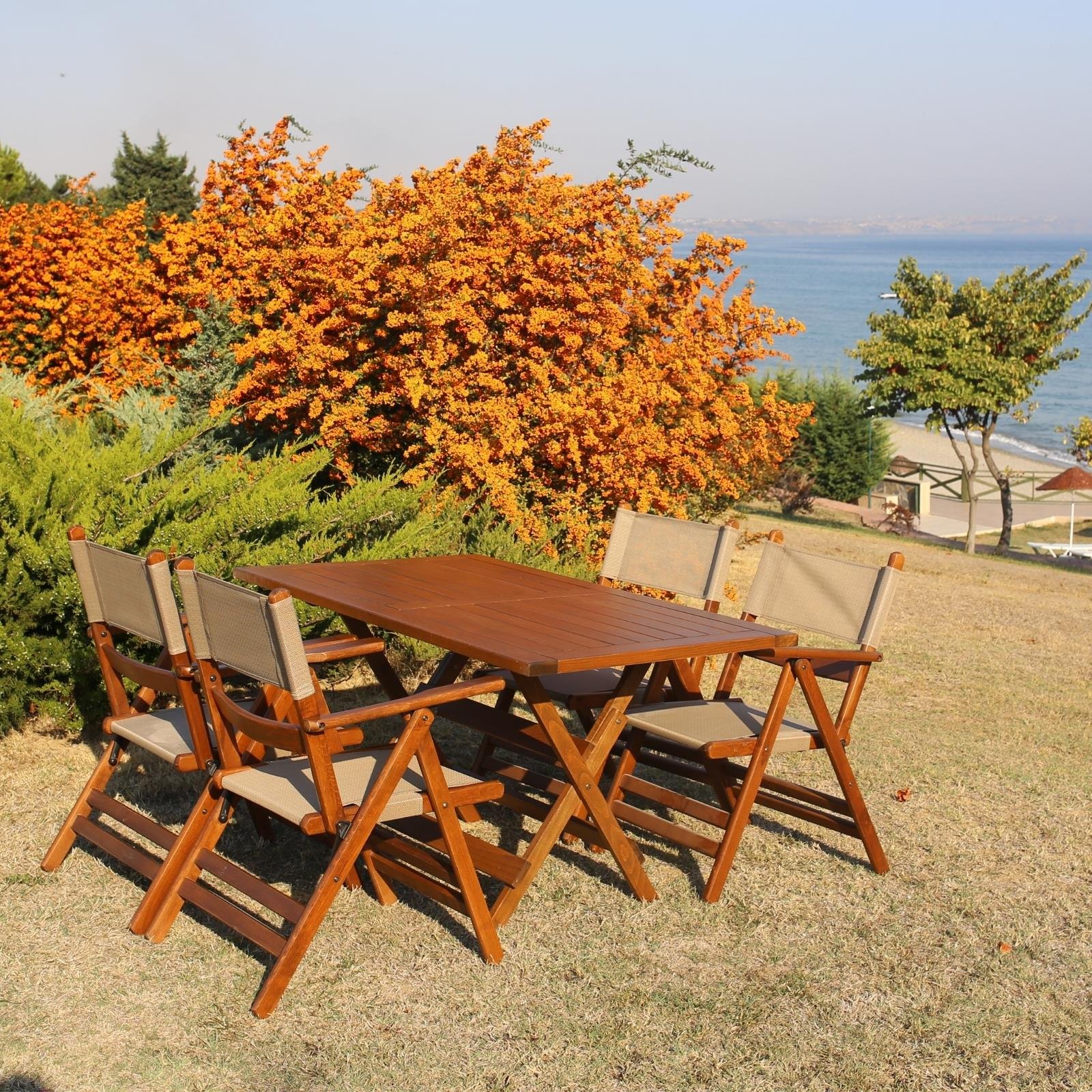 Fethiye Ahşap Masa Sandalye Takımları -4 Kişilik Katlanır Bahçe Balkon Set, PVCli