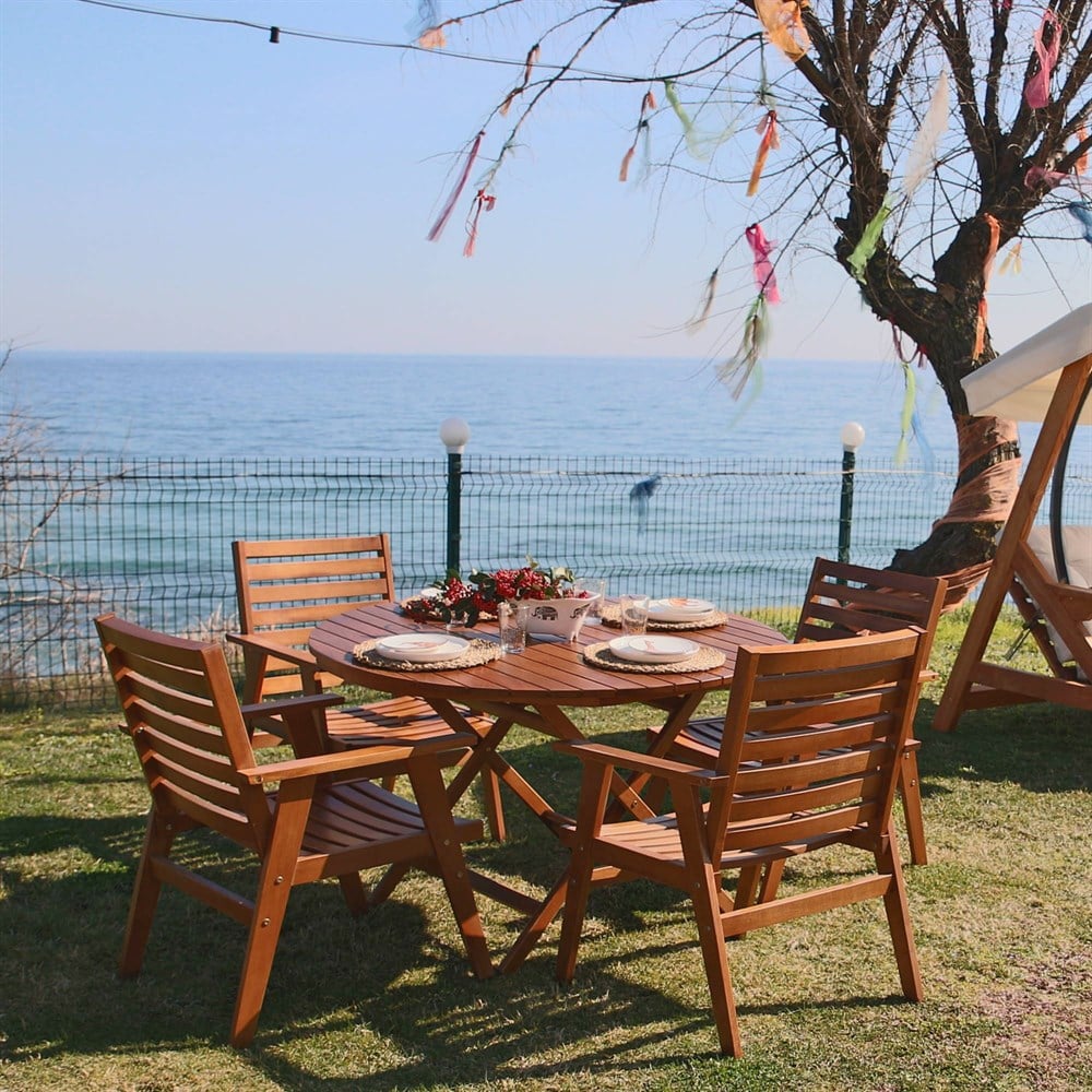 Heybeli Katlanır Ahşap Bahçe Balkon Takımı | Yuvarlak Masa | 4 Sandalye