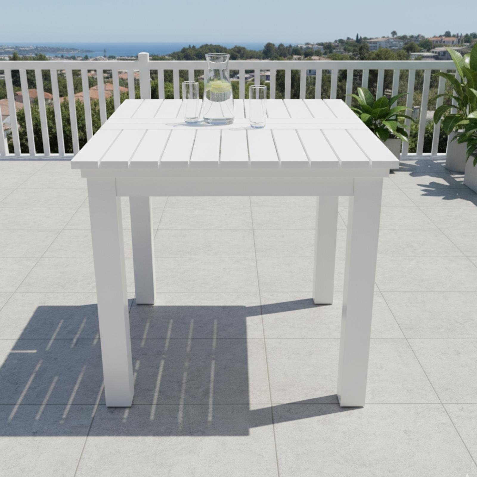 Kaş Ahşap Masa - Kare Ebatlar, Beyaz, Sabit Ayaklı Bahçe Balkon Masası