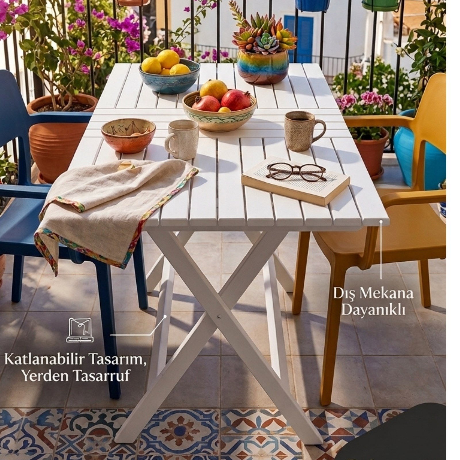 Kaş Katlanır Ahşap Bahçe Balkon Masaları Beyaz - Dikdörtgen Ebatlar