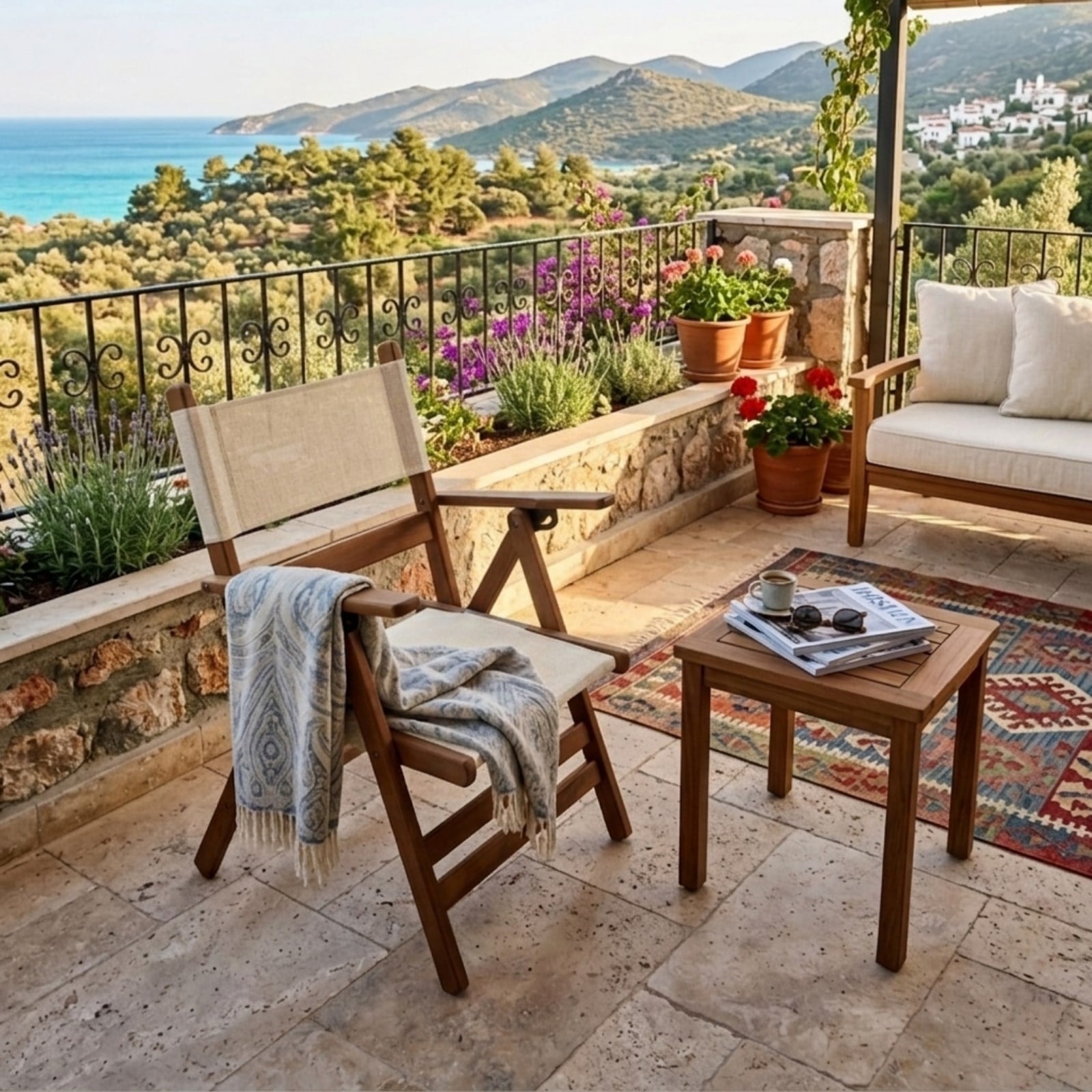 Marmaris Katlanır Ahşap Bahçe Balkon Sandalyesi -Kolçaklı, PVC Kumaşlı
