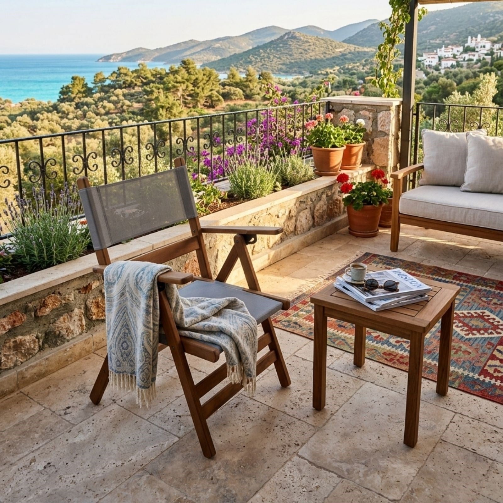 Marmaris Katlanır Ahşap Bahçe Balkon Sandalyesi -Kolçaklı, PVC Kumaşlı