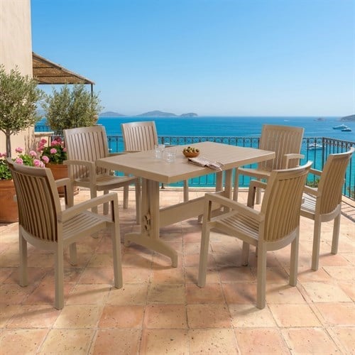 Neta X Teak Ahşap Renk Masa Sandalye Takımı - 4 Kişilik Dikdörtgen Plastik Bahçe Balkon Set