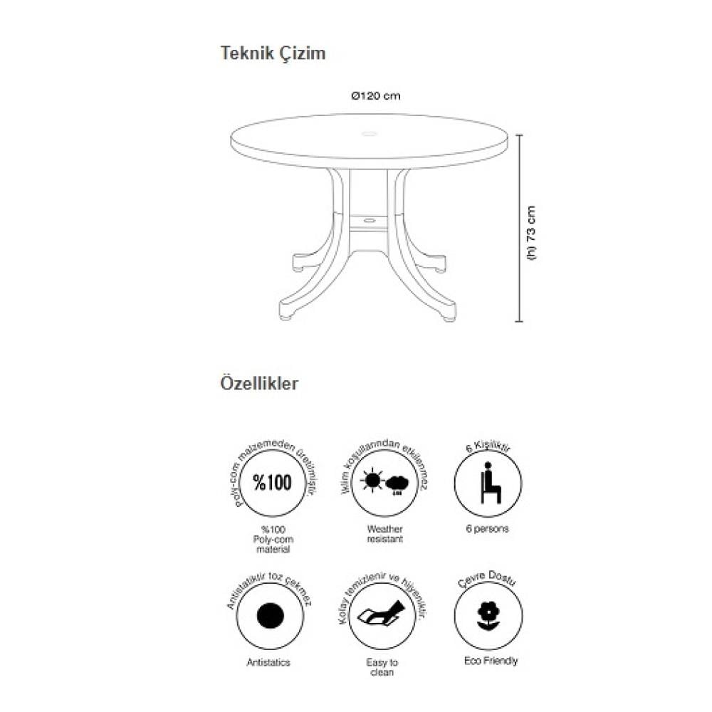 Papatya Favori 120 cm Plastik Bahçe Balkon Masası (6 Kişilik)