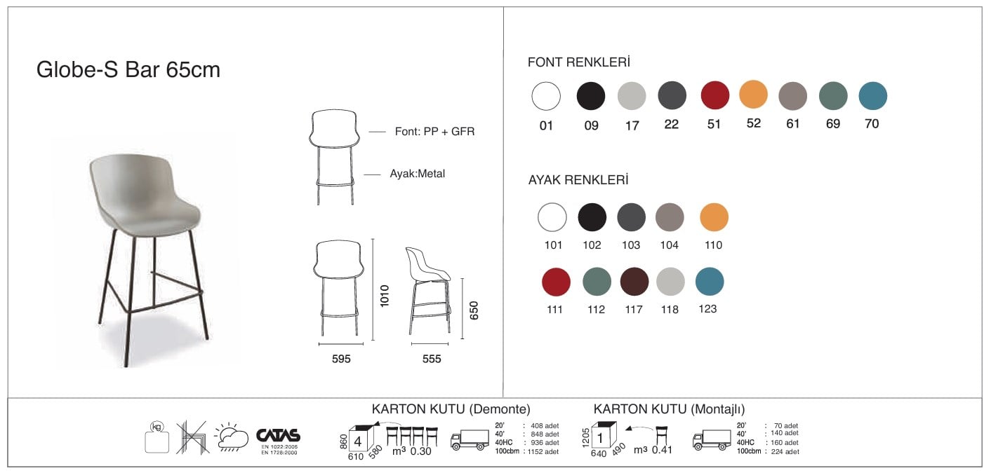 Papatya Globe S Bar Sandalye 65 ve 75 cm Oturum Yüksekliği | Metal Ayak - Plastik Oturum | Ev, Ofis Sandalye