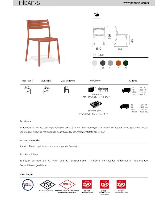 Papatya Hisar Sandalye - Kolçaksız Plastik Bahçe, Mutfak, Balkon Sandalyesi