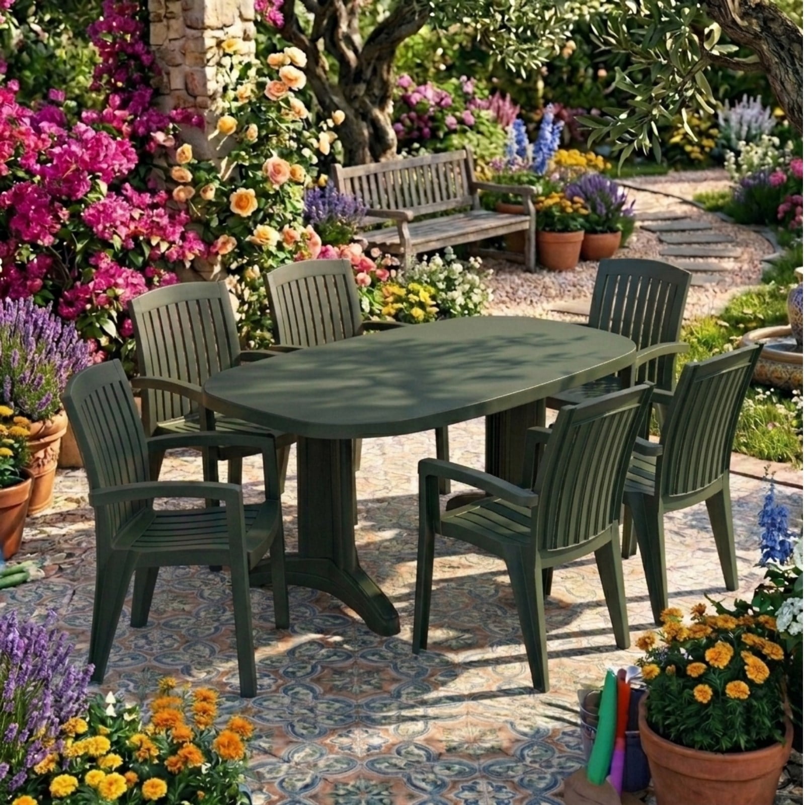 Papatya Laguna X Alize Yeşil Masa Sandalye Takımı - 6 Kişilik Bahçe Balkon Set