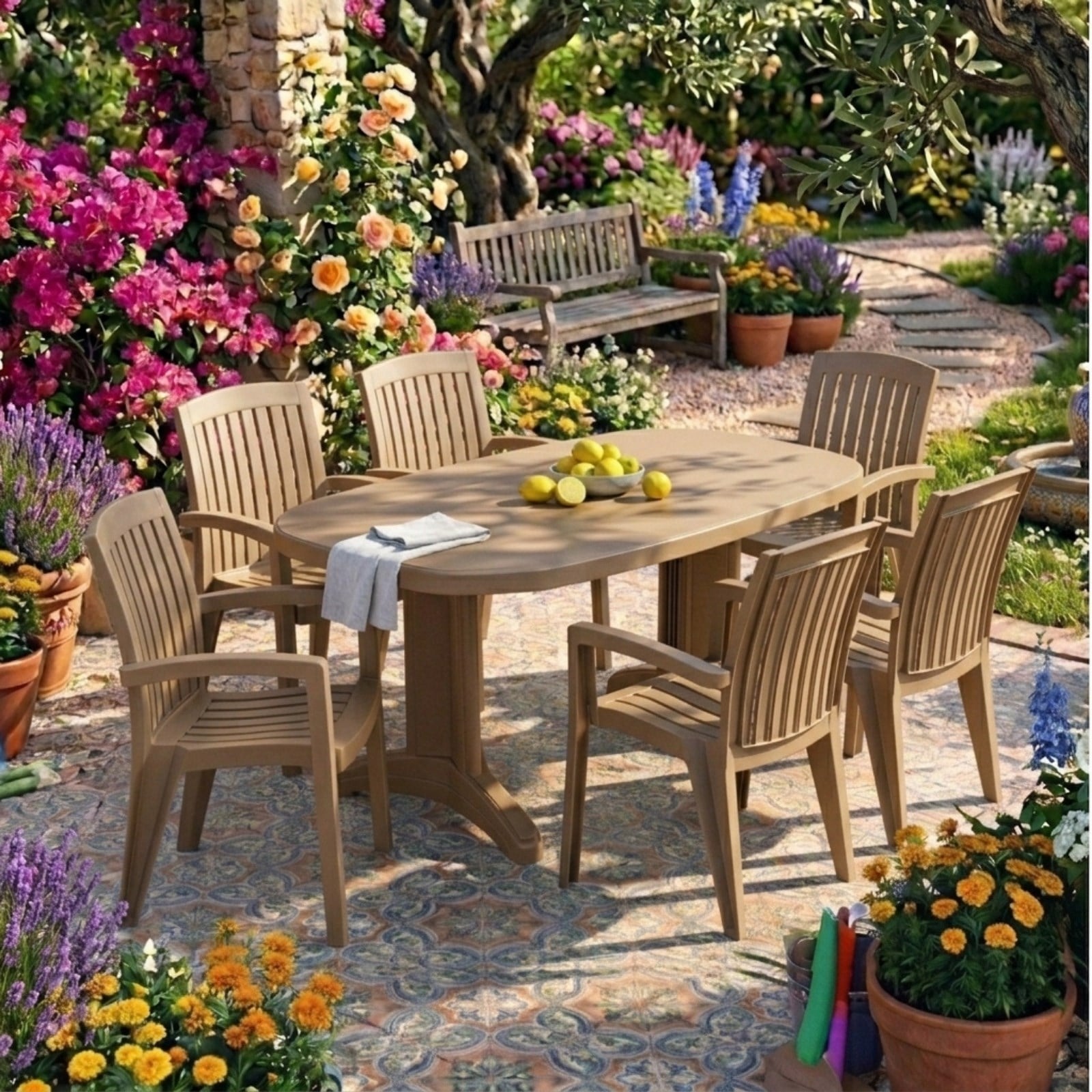 Papatya Laguna X Alize Teak RenkMasa Sandalye Takımı - 6 Kişilik Bahçe Balkon Set