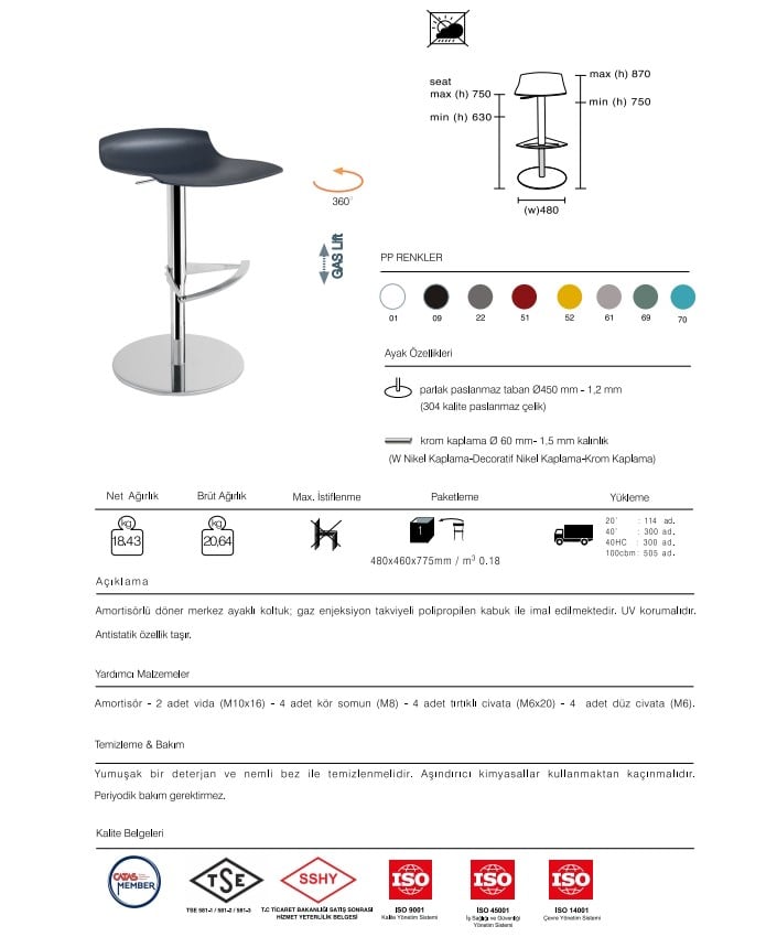 Papatya X-treme B Pro Bar Tabure | Metal Ayak - Plastik Oturum | Bar Tipi Sandalye