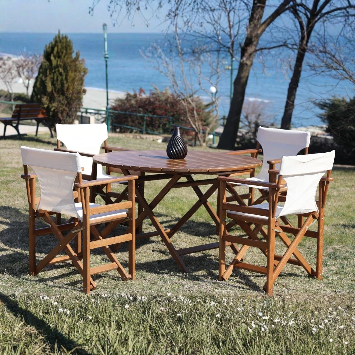 Yönetmen Ahşap Masa Sandalye Takımları -4 Kişilik Katlanır Bahçe Balkon Yuvarlak Set
