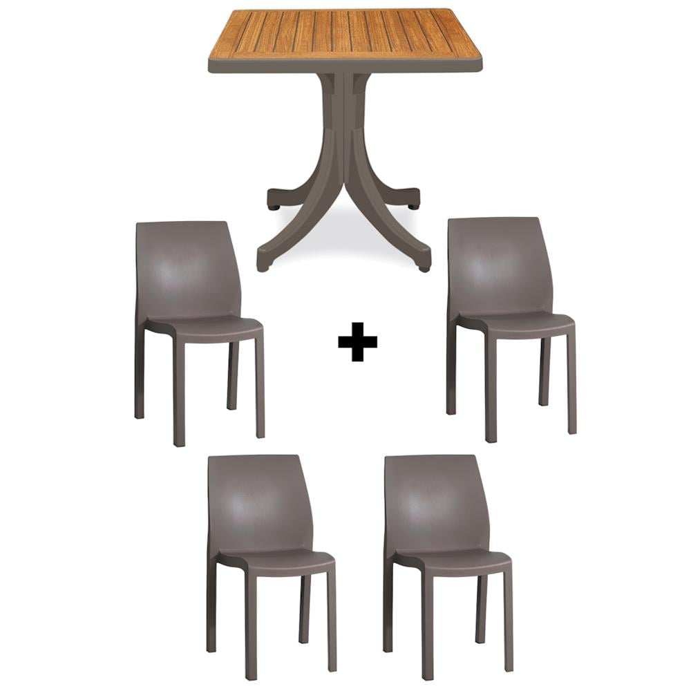 Yummy 80x80 Masa Sandalye Takımı Küllü Kahve  - 4 Kişilik Plastik Bahçe Balkon Teras Set