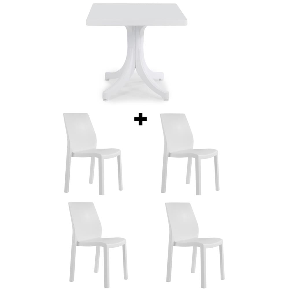 Yummy 80x80 Masa Sandalye Takımı Beyaz - 4 Kişilik Plastik Bahçe Balkon Teras Set