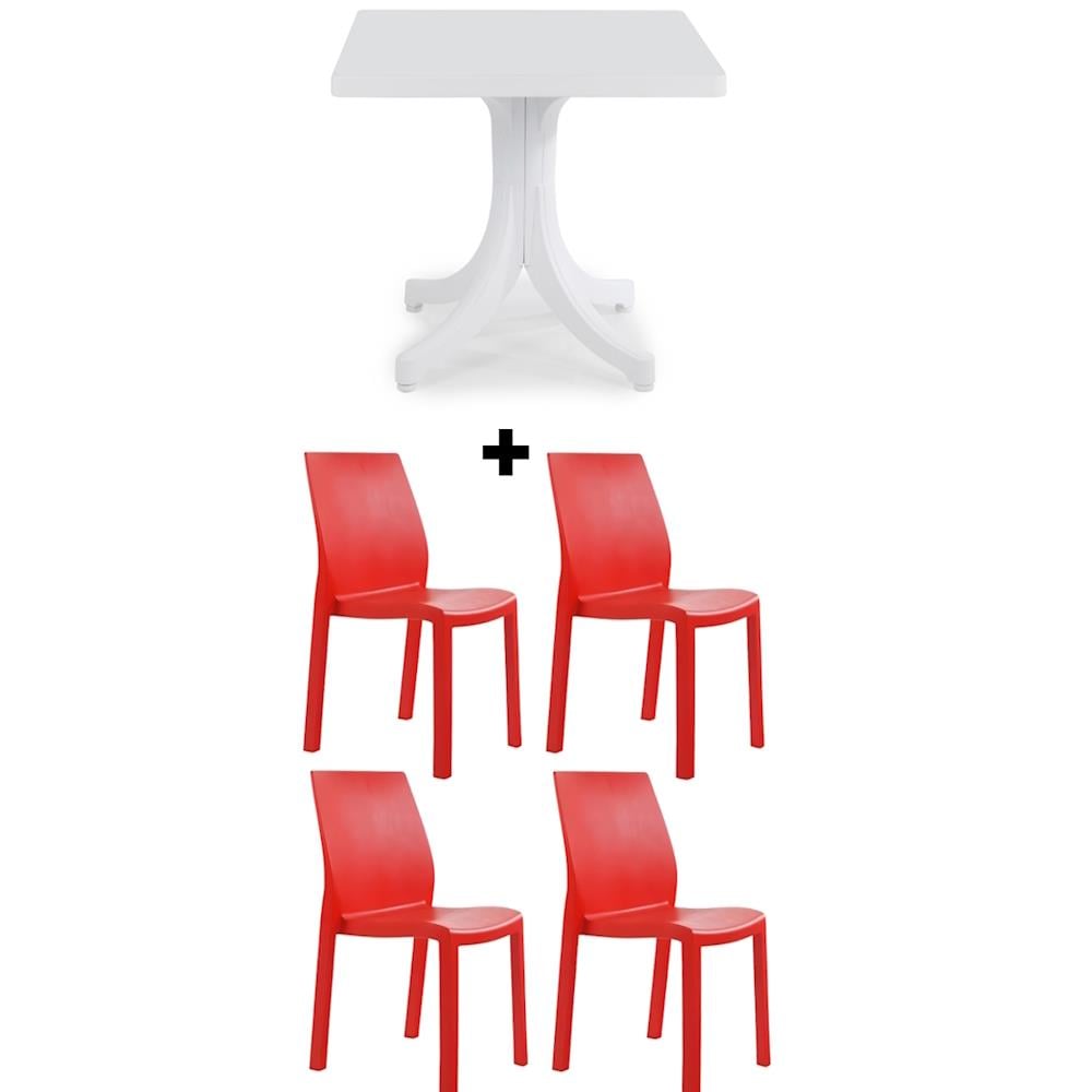Yummy 80x80 Masa Sandalye Takımı Kırmızı Beyaz - 4 Kişilik Plastik Bahçe Balkon Teras Set