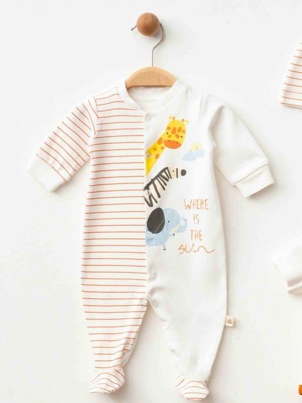 3’lü Organik Bebek Safari Desenli Şapkalı Tulum Seti