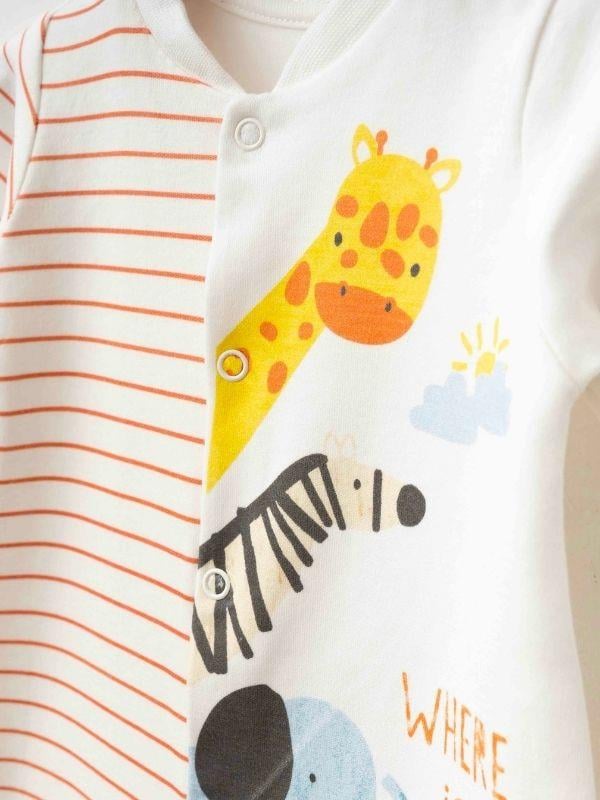 3’lü Organik Bebek Safari Desenli Şapkalı Tulum Seti