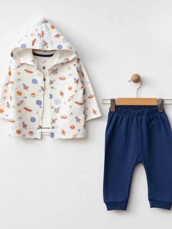 3’lü Organik Uzay Desenli Bebek Eşofman Takımı