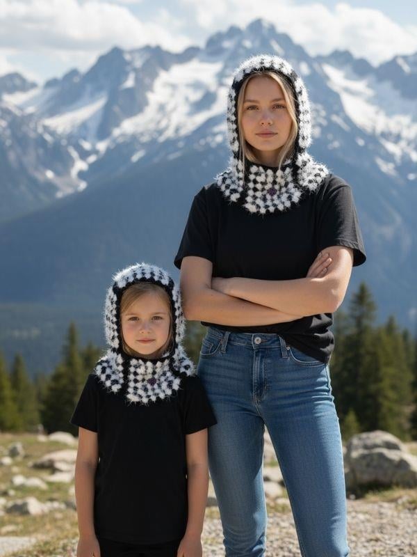 Anne-Çocuk Handmade El Örgüsü Balaklava İkili Takım