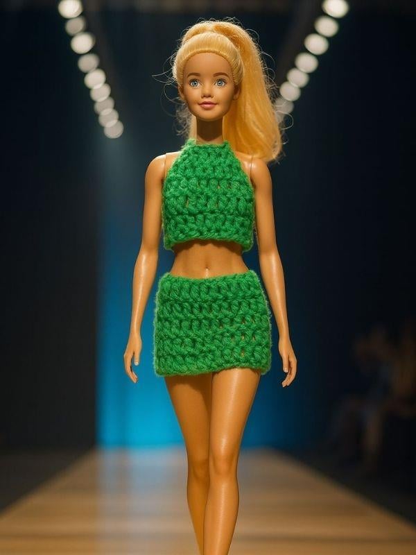 Barbie Bebek İçin El Örgüsü 3 Parça Yazlık Kombin: Üst + Etek + Çanta