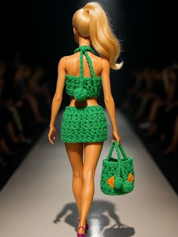 Barbie Bebek İçin El Örgüsü 3 Parça Yazlık Kombin: Üst + Etek + Çanta