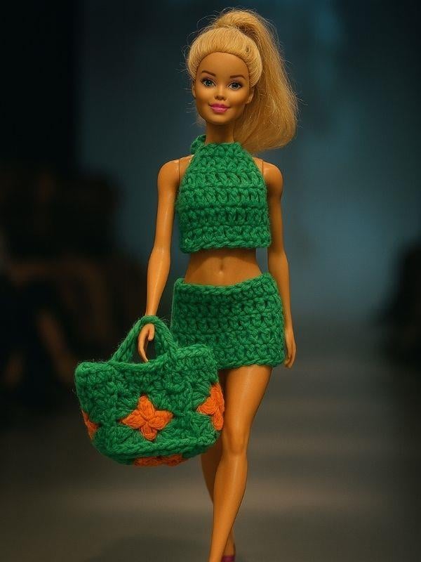 Barbie Bebek İçin El Örgüsü 3 Parça Yazlık Kombin: Üst + Etek + Çanta