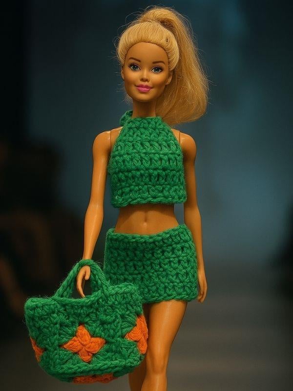 Barbie Bebek İçin El Örgüsü 3 Parça Yazlık Kombin: Üst + Etek + Çanta