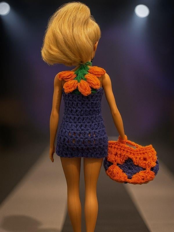Barbie Bebek için El Örgüsü Çiçek Detaylı Elbise ve Çanta İkili Takım