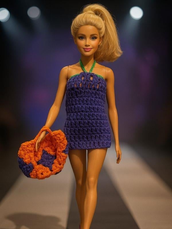 Barbie Bebek için El Örgüsü Çiçek Detaylı Elbise ve Çanta İkili Takım
