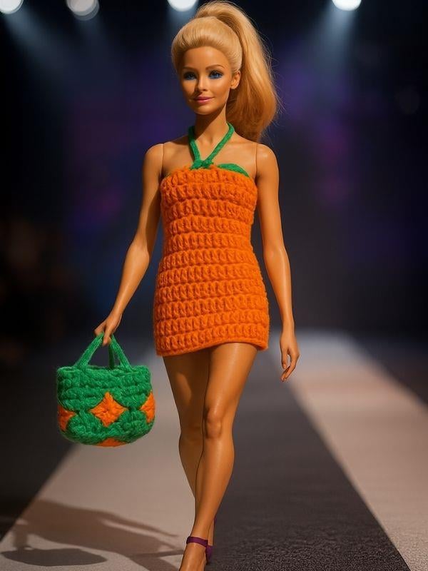Barbie Bebek için El Örgüsü Elbise ve Çanta İkili Takım