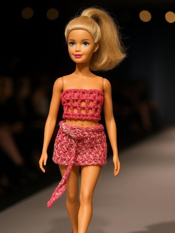 Barbie Bebek İçin El Örgüsü İkili Kombin – Kısa Üst ve Mini Etek Takımı