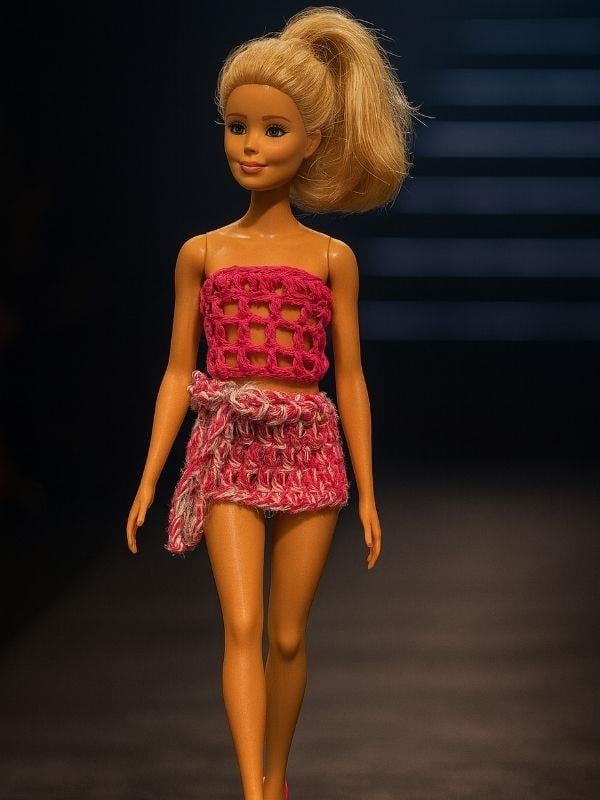 Barbie Bebek İçin El Örgüsü İkili Kombin – Kısa Üst ve Mini Etek Takımı
