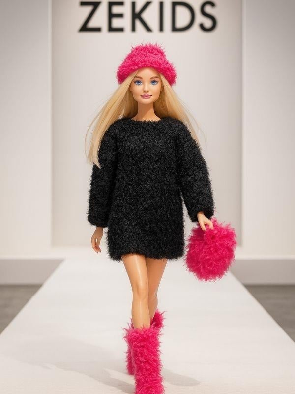 Barbie Bebek İçin El Örgüsü Kazak Çanta Şapka Ayakkabı Dörtlü Set(Barbie Bebek Dahil Değildir)