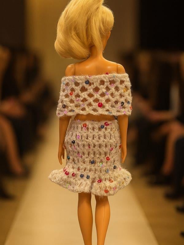 Barbie Bebek için El Örgüsü Üst ve Etek İkili Takım