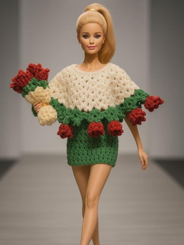Barbie Bebek için Pelerin, Etek ve Buket Çiçeğe Dönüşebilen El Örgüsü İkili Takım