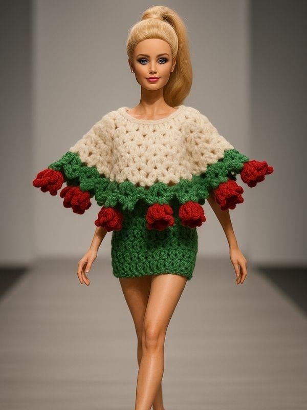 Barbie Bebek için Pelerin, Etek ve Buket Çiçeğe Dönüşebilen El Örgüsü İkili Takım