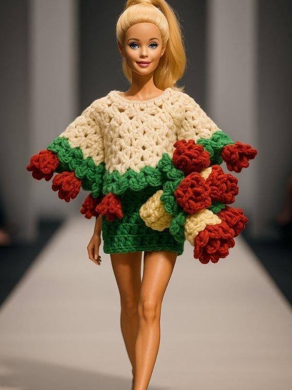 Barbie Bebek için Pelerin, Etek ve Buket Çiçeğe Dönüşebilen El Örgüsü İkili Takım