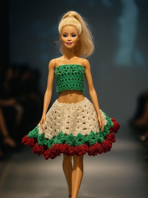 Barbie Bebek için Pelerin, Etek ve Buket Çiçeğe Dönüşebilen El Örgüsü İkili Takım