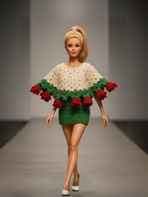 Barbie Bebek için Pelerin, Etek ve Buket Çiçeğe Dönüşebilen El Örgüsü İkili Takım