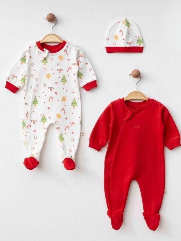 Bebek 3’lü Yılbaşı Temalı Şapkalı Organik Bebek Tulum Seti