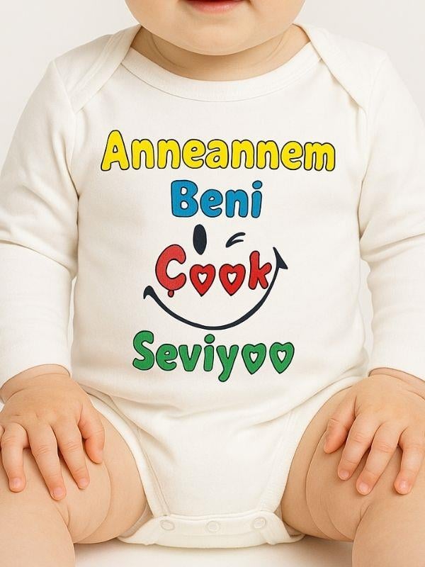 Bebek Anneannem Beni Çok Seviyor Yazılı Pamuklu Uzun Kol Çıtçıtlı Body