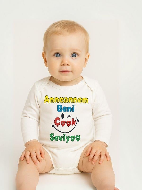 Bebek Anneannem Beni Çok Seviyor Yazılı Pamuklu Uzun Kol Çıtçıtlı Body