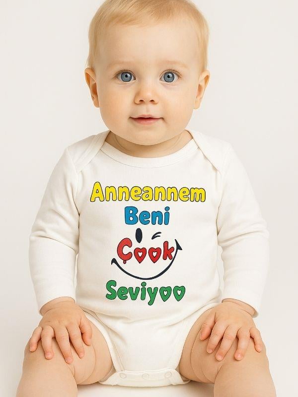 Bebek Anneannem Beni Çok Seviyor Yazılı Pamuklu Uzun Kol Çıtçıtlı Body