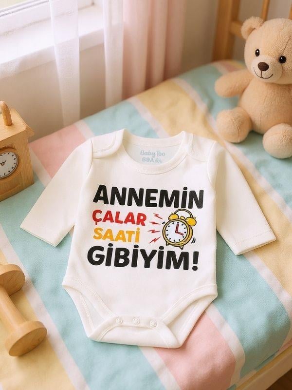 Bebek Annemin Çalar Saati Gibiyim Yazılı Uzun Kollu Body